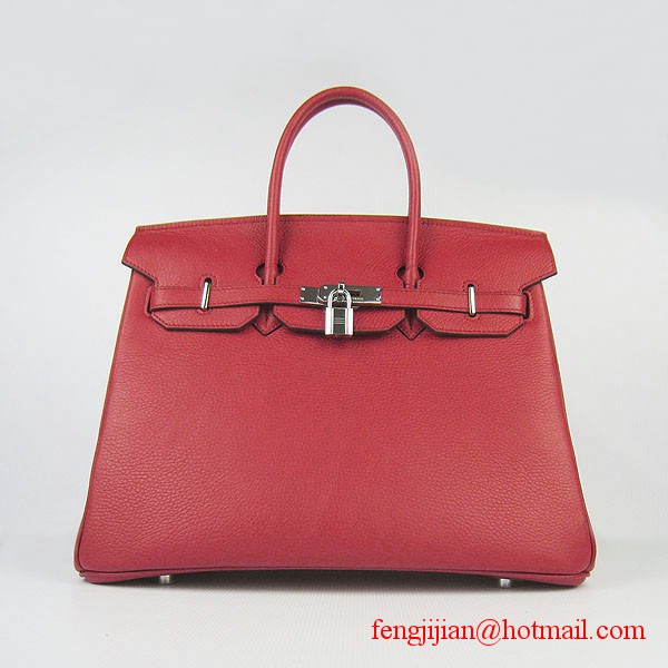 Hermes 35cm Embossed Veins Leather Bag Red 6089 Silver Hardware